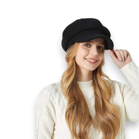 Black Floppy Button Top Stiff Curve Brim Newsboy Cap NEW - Picture 1 of 4